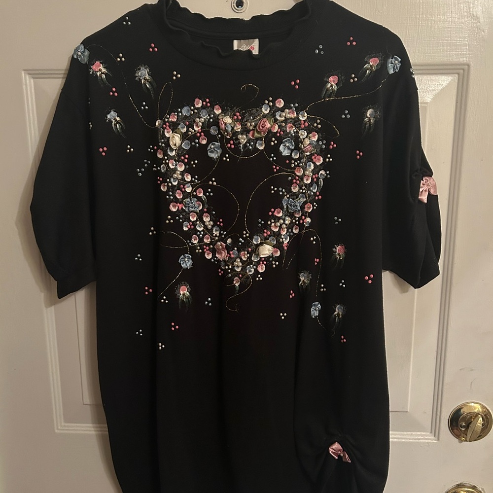 Black Top with Heart and Floral Embellishments